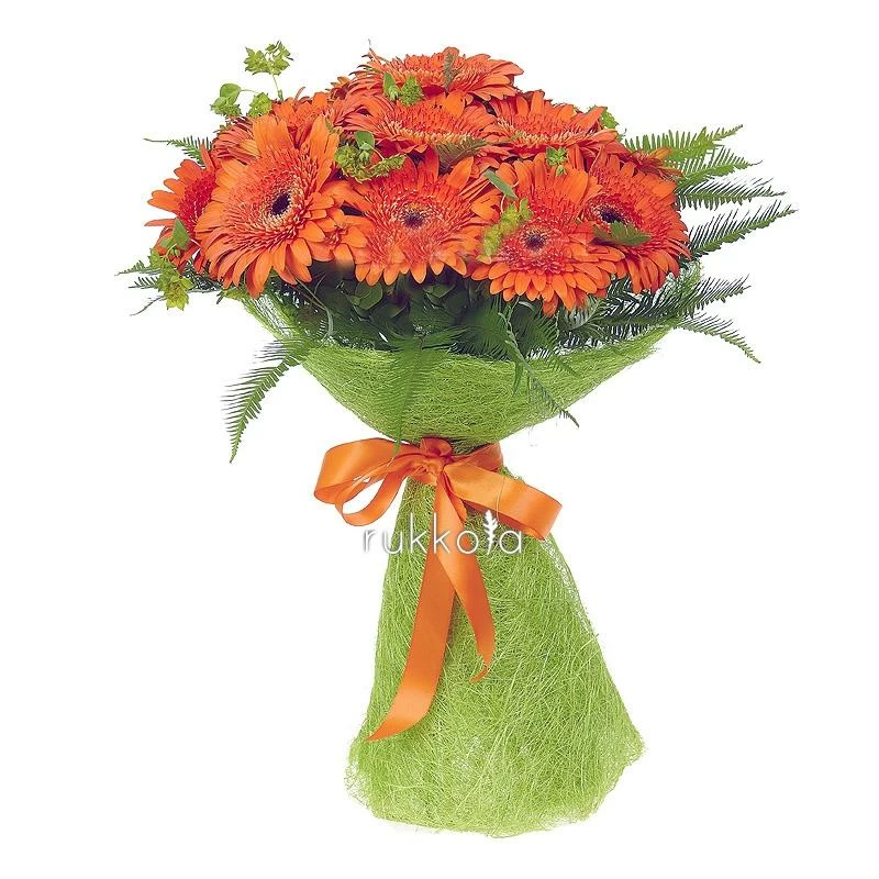 Оранжевые герберы с зеленью