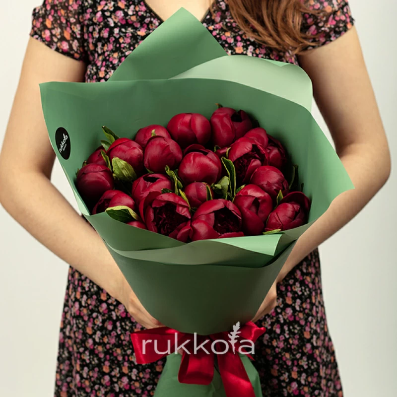 19 бордовых пионов