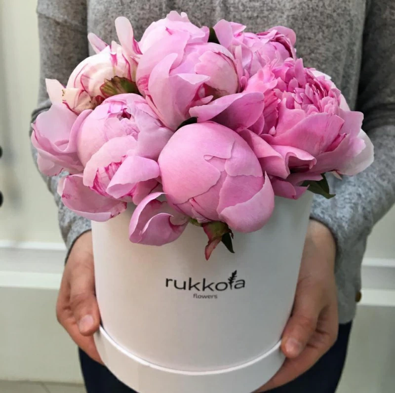 Розовые пионы в белой коробке