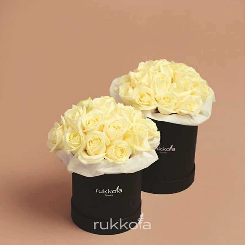 Белые розы в маленькой и средней черной коробке