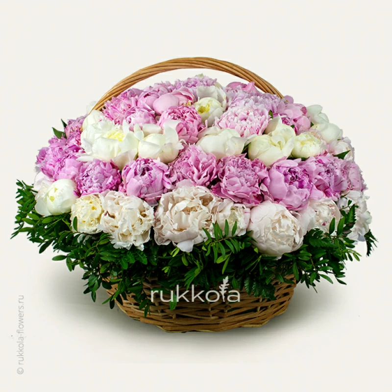 Корзина 101 белый и розовый пион