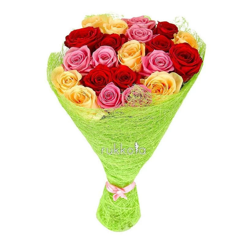 21 розовая, кремовая и красная розы