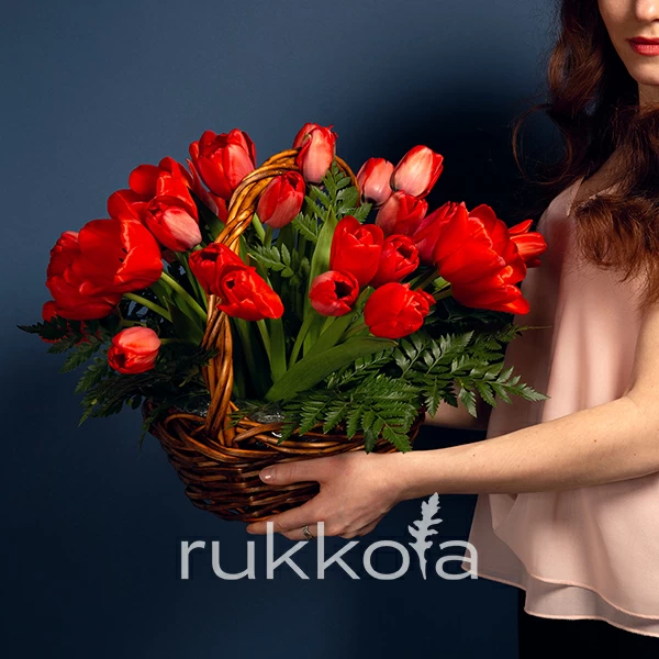 25 красных тюльпанов в корзине