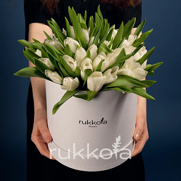 51 белый тюльпан в шляпной коробке